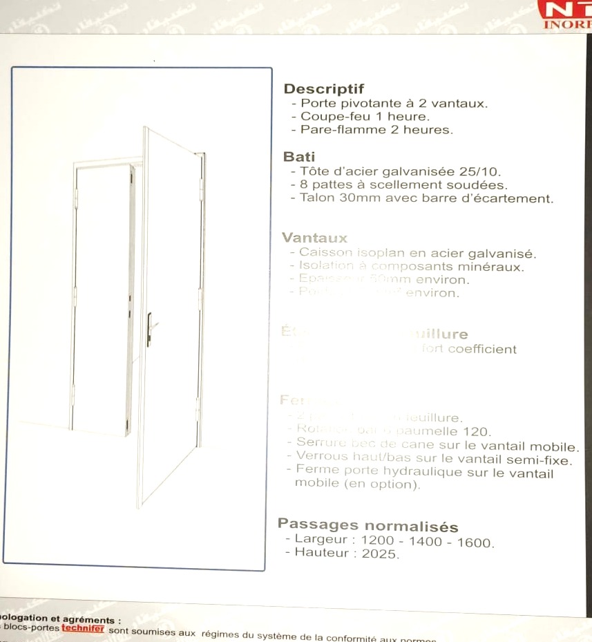 Extrait de la page 10 du catalogue Technifer : bloc-porte coupe-feu pivotant 2 vantaux, type 2P1 : descriptif.