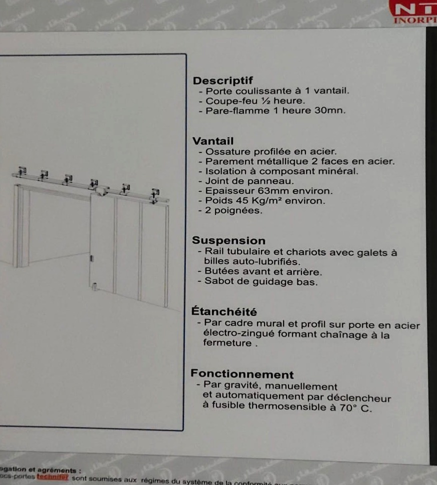 Extrait de la page 23 du catalogue Technifer : porte coupe-feu coulissante 1 vantail, type 1C30 : descriptif.